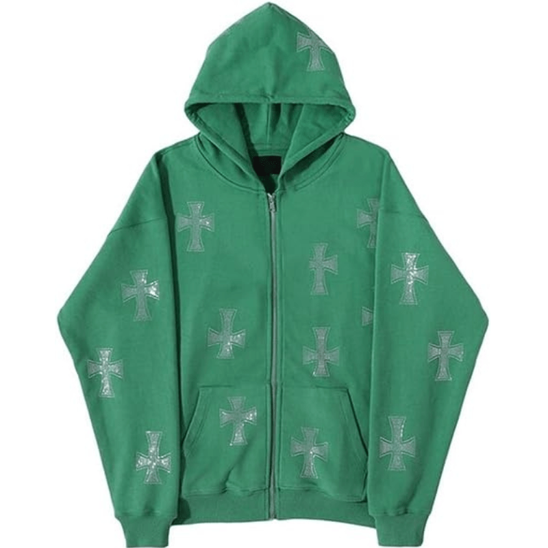 rhinestone cross hoodie green