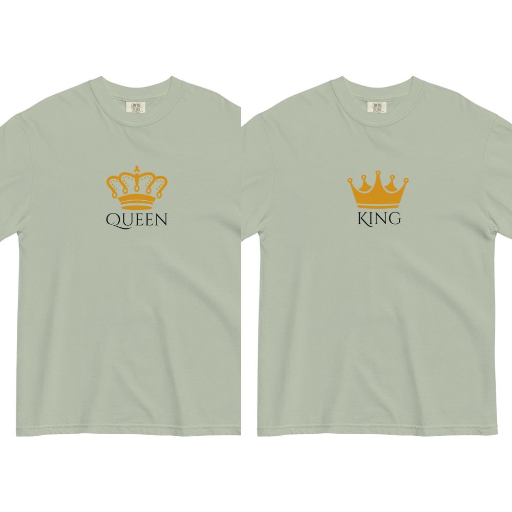 Two light green matching t-shirts with QUEEN and KING text and crowns printed on them