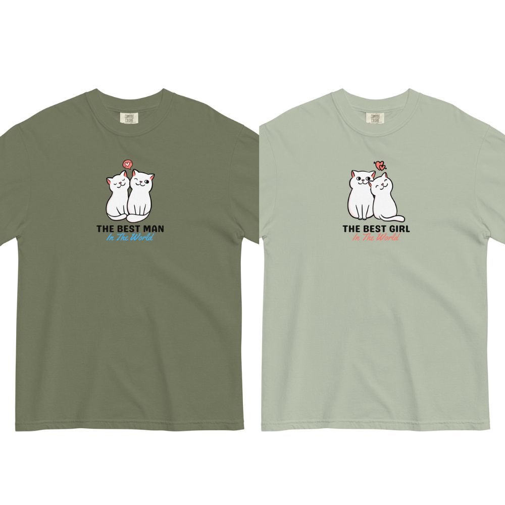 Two matching T-shirts with cats and text THE BEST MAN and GIRL In The World printed on the front