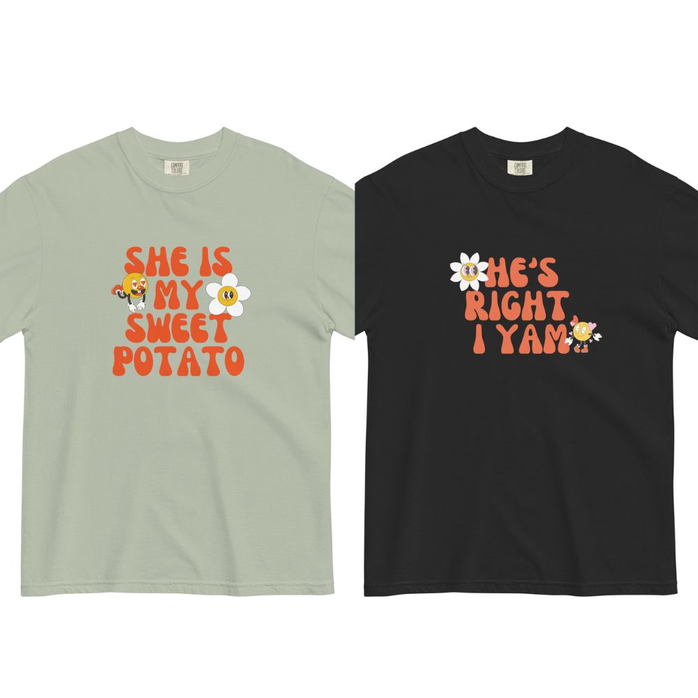 Two matching T-shirts with cute puns She is my sweet potato and He's right, I yam