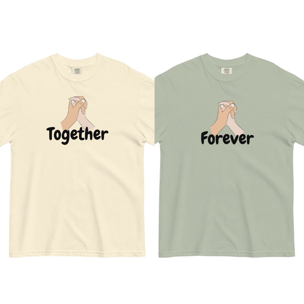 Two matching couple t-shirts with pinky promise hands, one reads Together, the other Forever