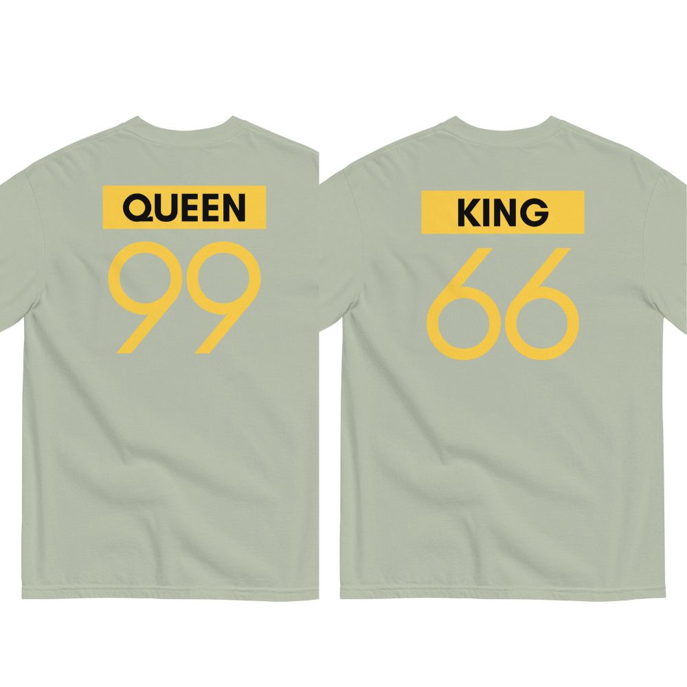 Two matching gray t-shirts with QUEEN 99 and KING 66 printed in yellow on the back