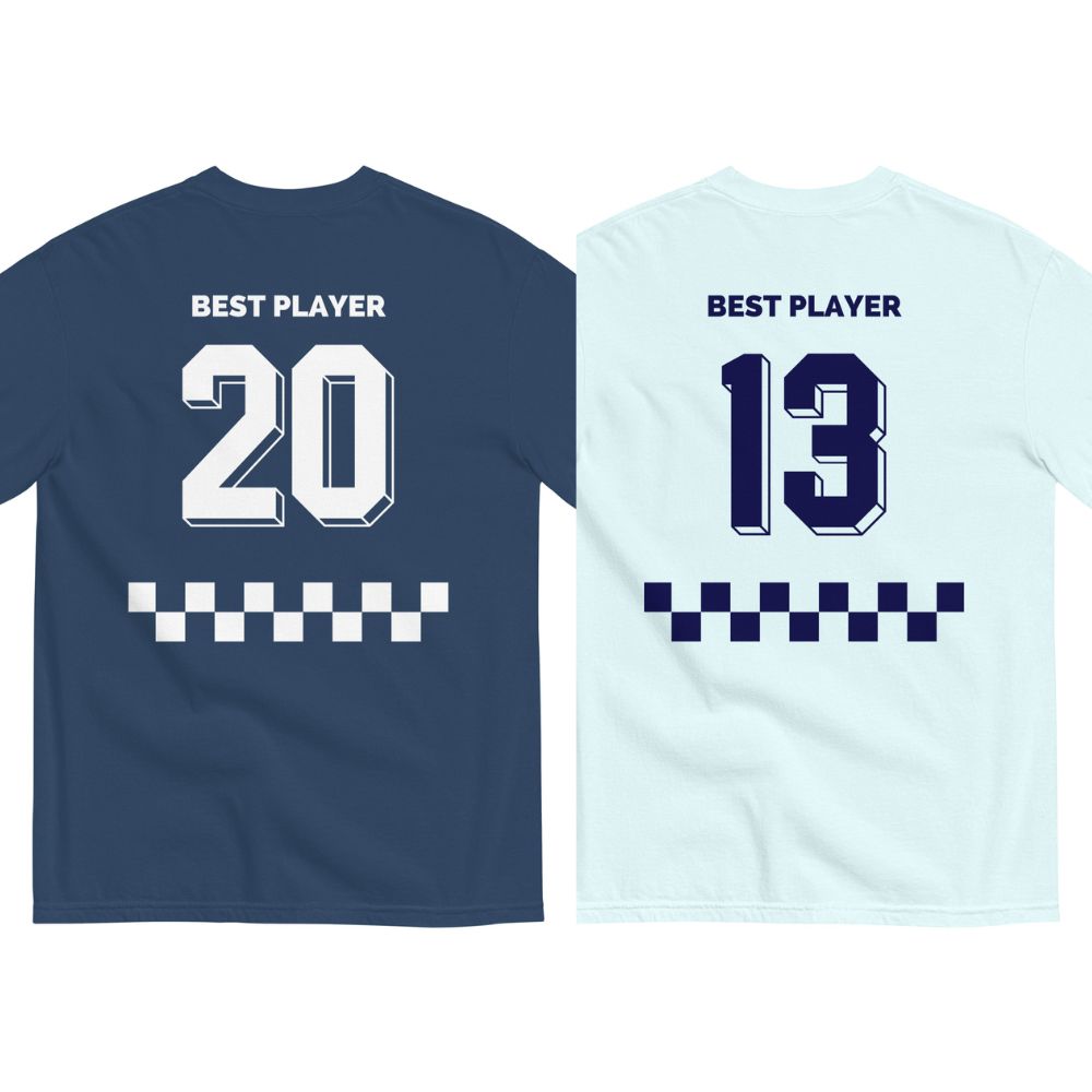 Two matching t-shirts one navy with Best Player 20 and one light blue with Best Player 13 both featuring checkered designs beneath the numbers