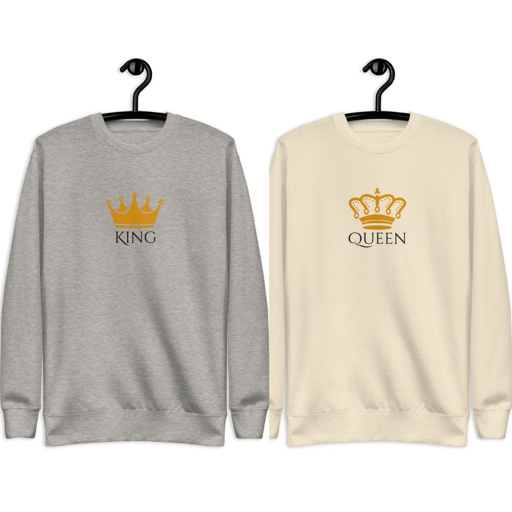 Two sweatshirts with 'KING' and 'QUEEN' crowns printed on front