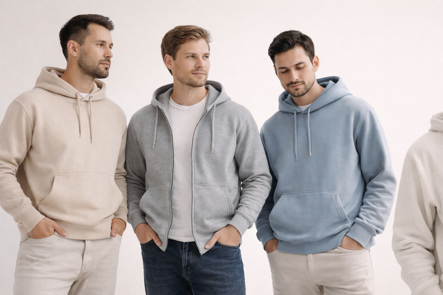 3 men wearing soft colored tone hoodies with a minimalist background