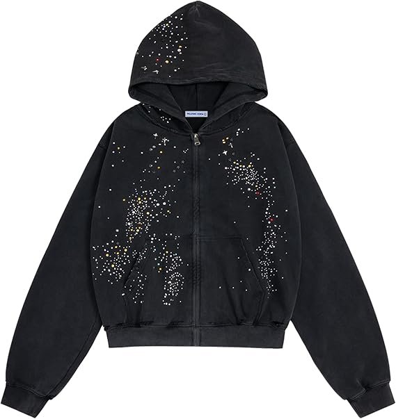 Black zip-up hoodie adorned with rhinestones in a starry pattern, featuring a hood and long sleeves.