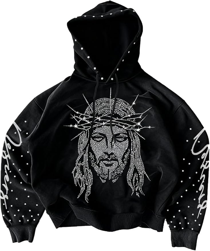 Black hoodie adorned with rhinestones featuring a design of Jesus with a crown of thorns on the front and decorative studs on the sleeves.
