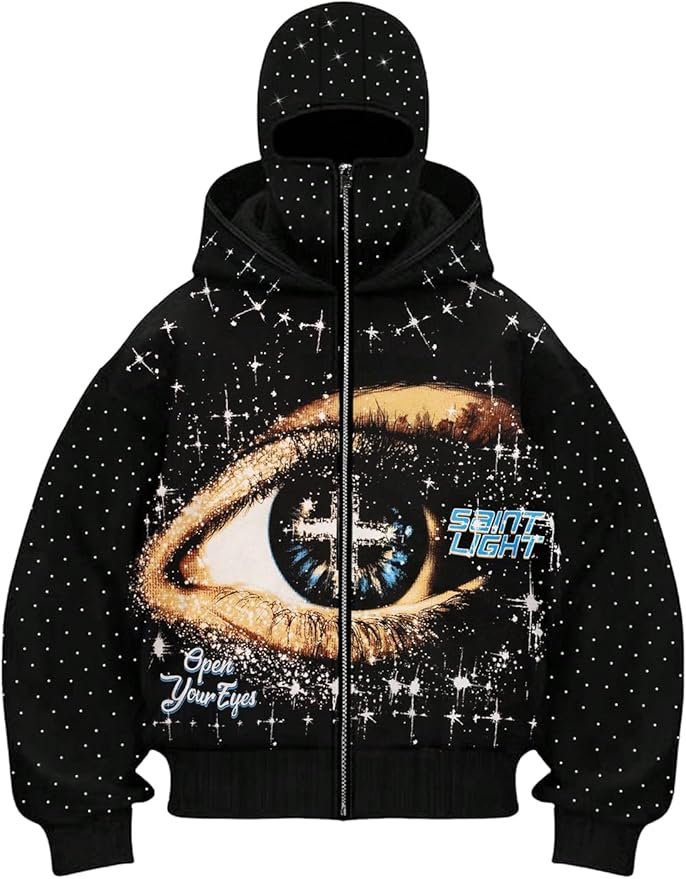 Black hoodie with a prominent eye graphic and rhinestone embellishments, featuring the text 'Open Your Eyes' and 'Saint Light'.