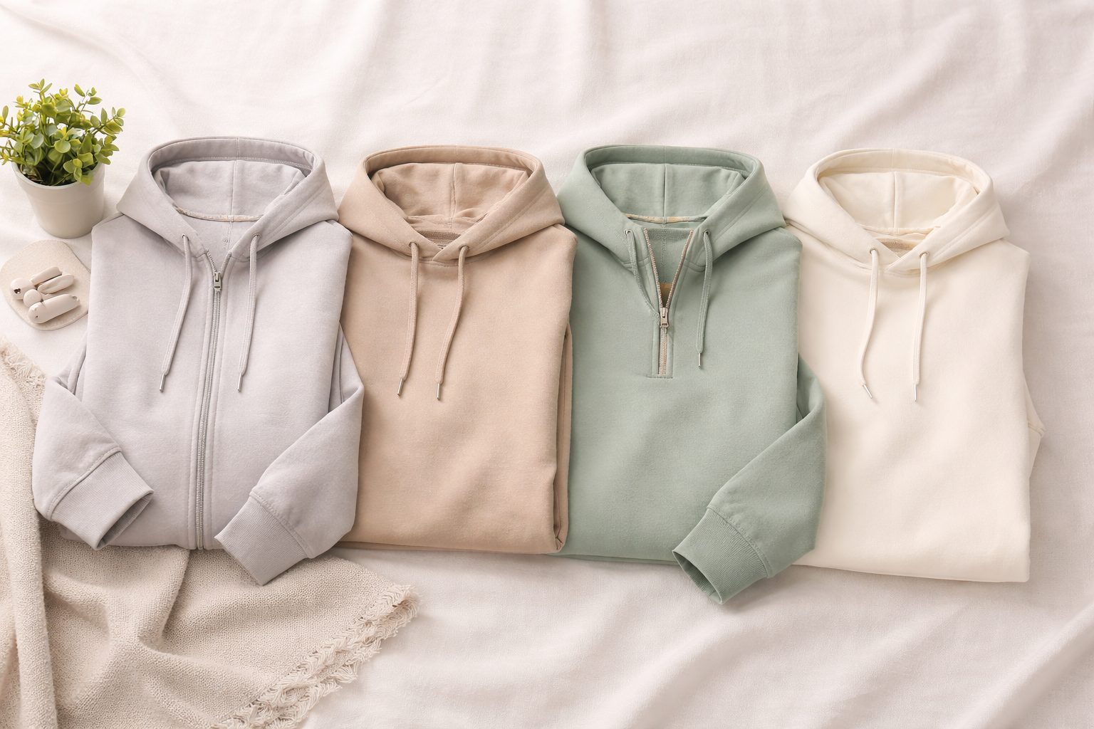 differentTypes of Hoodies placed on minimalist background